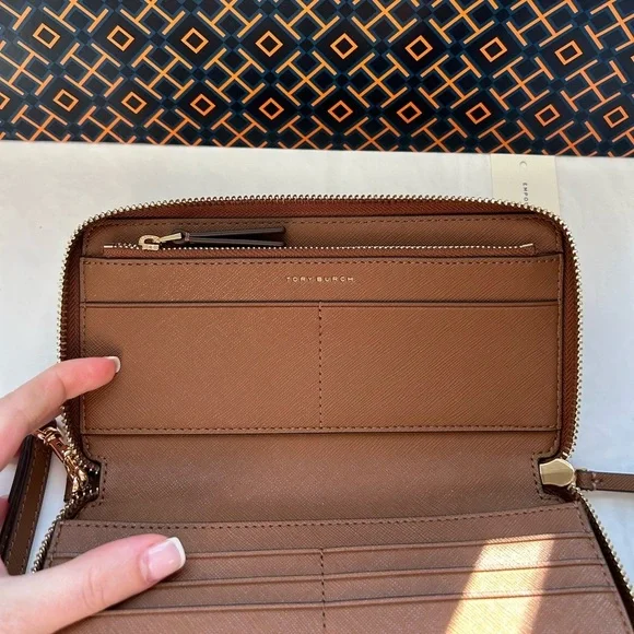 Tory Burch Emerson Zip Continental Wallet Moose Gold Tan Brown - Picture 8 of 12